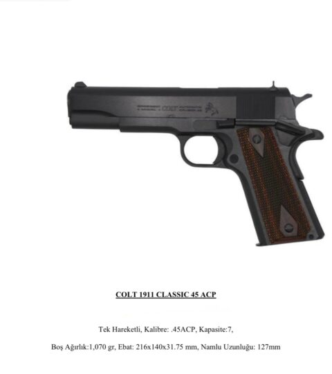 Satılık TABANCA – Colt 1911 – 45 ACP – Taşıma Ruhsatlı – İstanbul – İlan 14776 – Görsel 14777