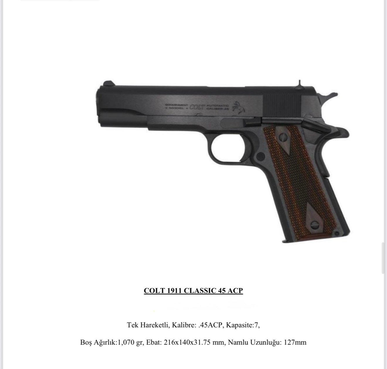 SIFIR COLT 1911 | Silah ilanı # 7 Satılık TABANCA – Colt 1911 – 45 ACP – Taşıma Ruhsatlı – İstanbul – İlan 14776 – Görsel 14777