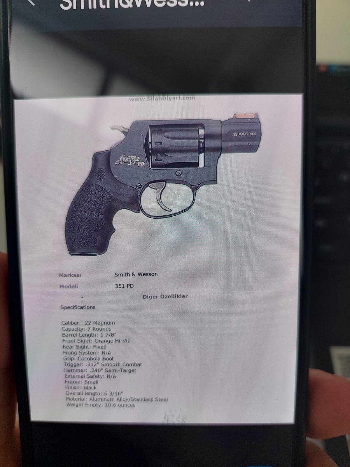 Satılık TABANCA – Smith & Wesson Model 351 PD – 22 Magnum – Bulundurma Ruhsatlı – Manisa – İlan 20180 – Görsel 20181