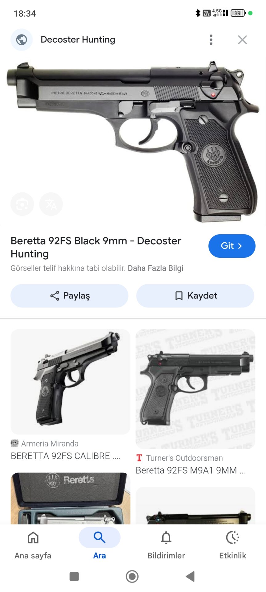 Satılık TABANCA – Beretta 92 – 9mm (9x19mm) – Taşıma Ruhsatlı – Bolu – İlan 24225 – Görsel 24226